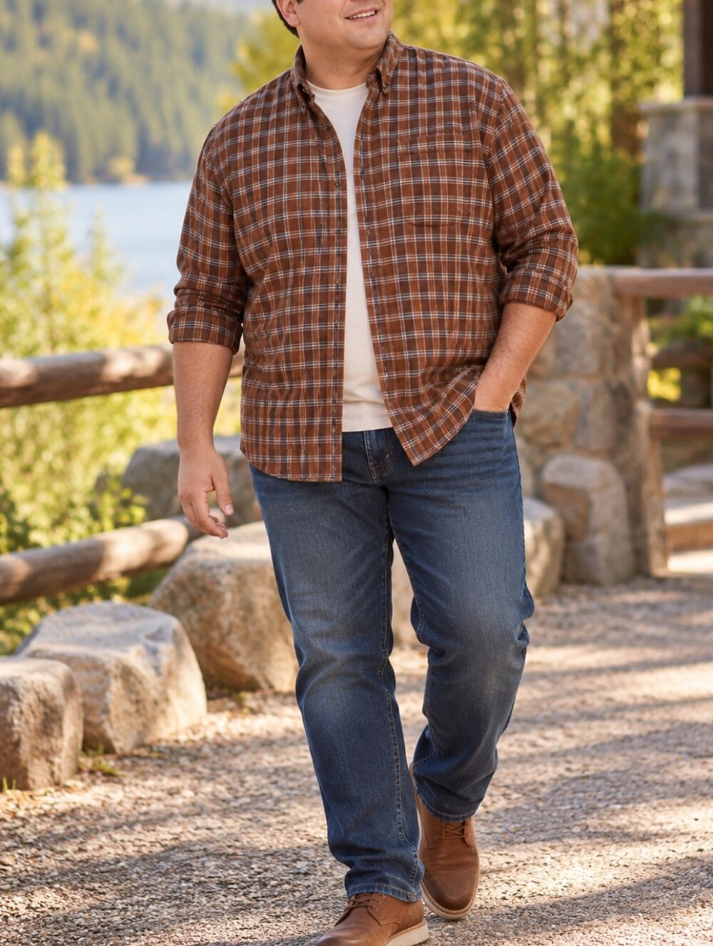 WindRiver Men’s Plus Size Brown Plaid Cotton Button Down Long Sleeve Shirt